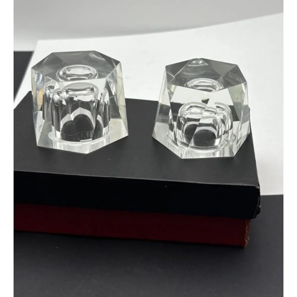 (2) Japan Faceted Crystal Hexagon Candle Holders With Original Box